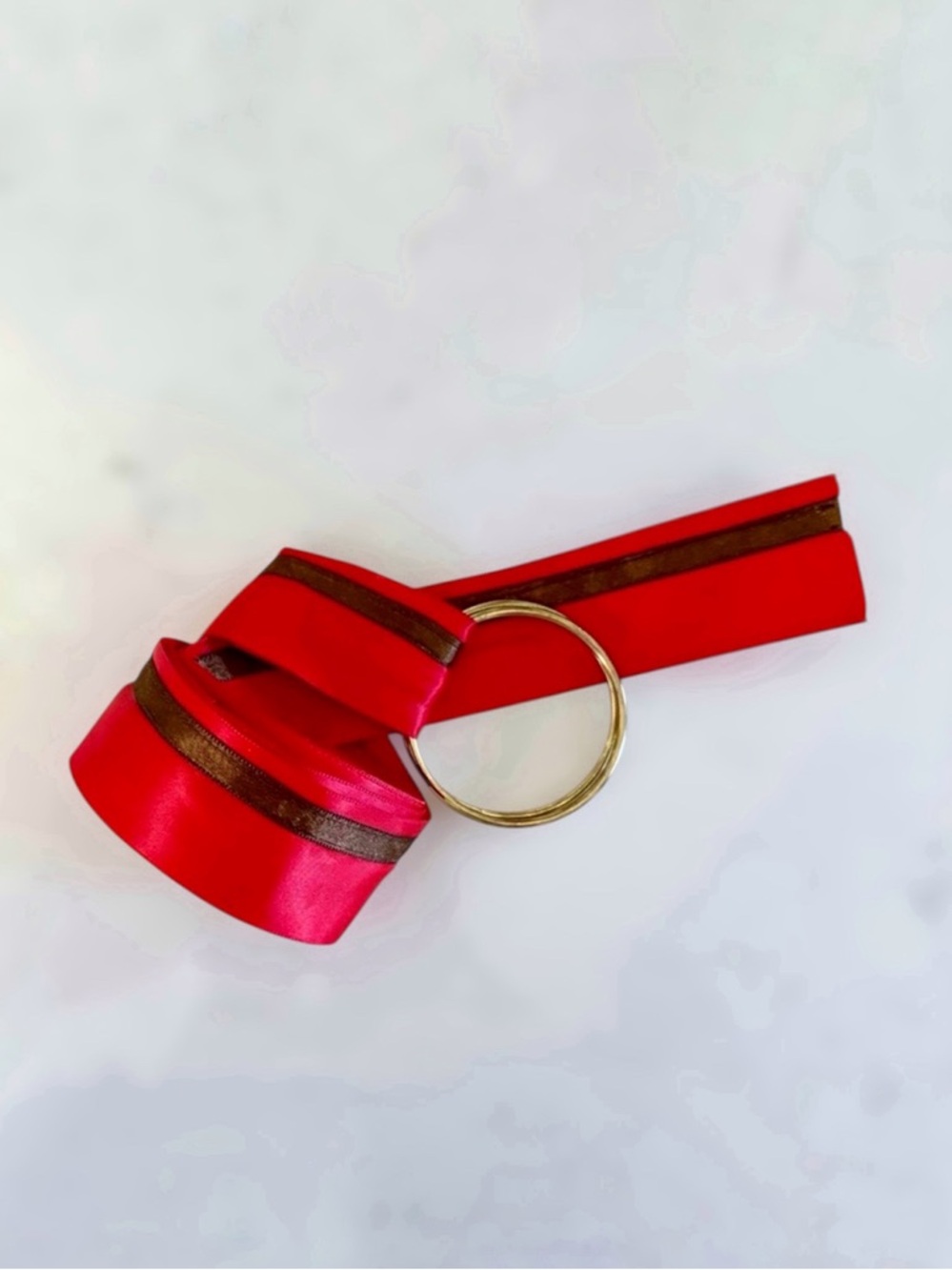 Handmade Red Satin & Brown Accent Ribbon Belt, Bronze Double O Ring Hardware
